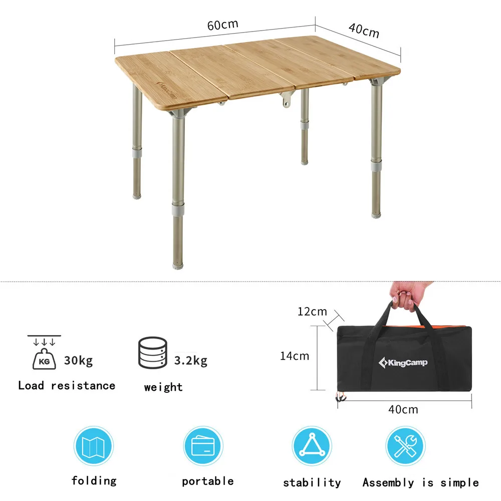 Bamboo Folding Table With Adjustable Height Aluminum Legs Camping Table Outdoor Picnic Hiking Wood Tables 4-Folds Portable Table