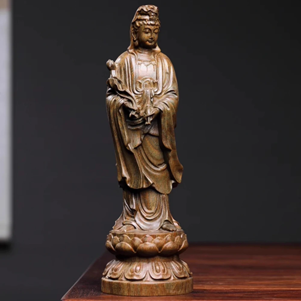 JW186- 17.8 CM Bodhisattva Guan Yin Green Sandalwood Sculpture Kuan Yin Buddha Figurine Decoration Craft Gift Miniatur Ornaments