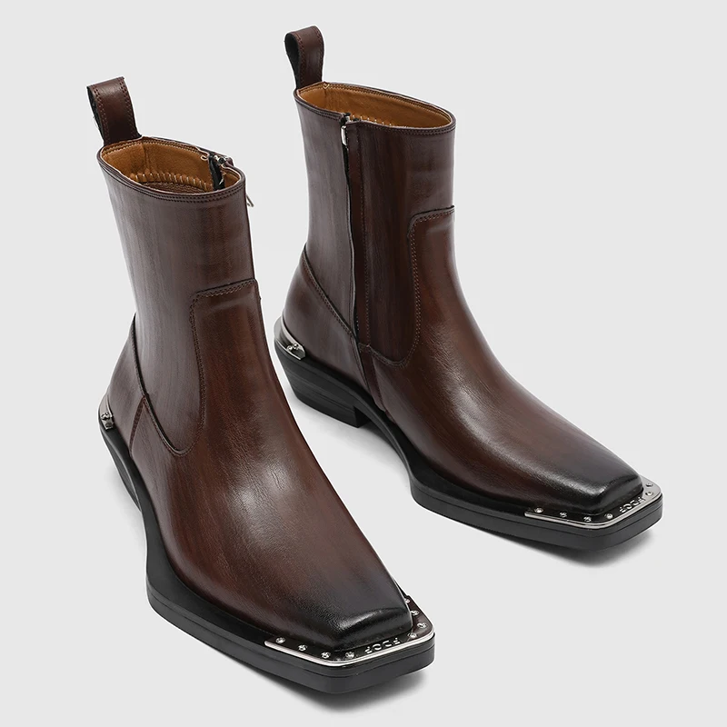 New Autumn Winter Personalized Square Toe Men Short Boots with Metal Edging on The Toe Niche Trendy Cool Design Sense