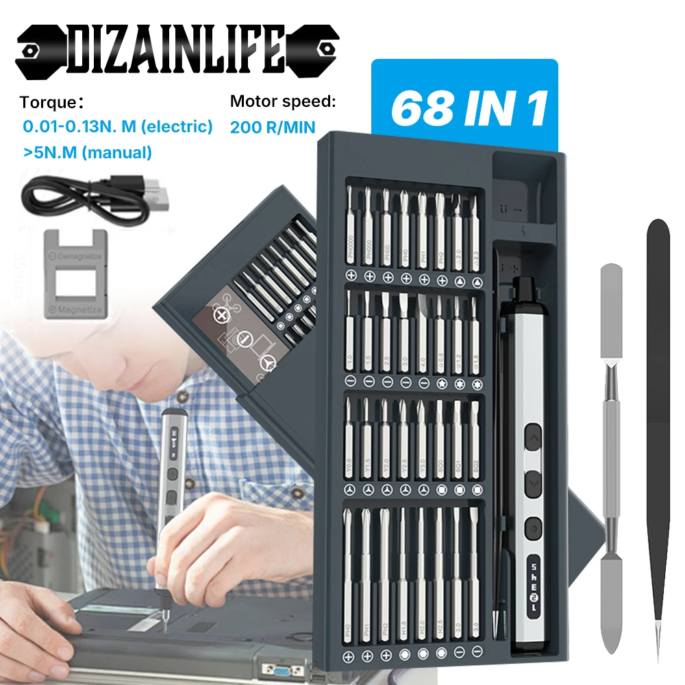 

68 in 1 Electric Screwdriver Set Precision Handle Portable Power Tool Magnetic Bits with LED Lights for Phone Watch Repair