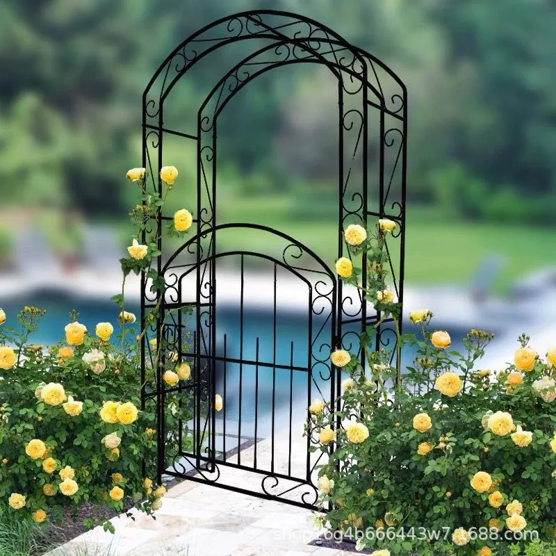 

Small hairy grass garden, European courtyard villa wrought iron arch flower stand with door vine rose season outdoor climbing vi