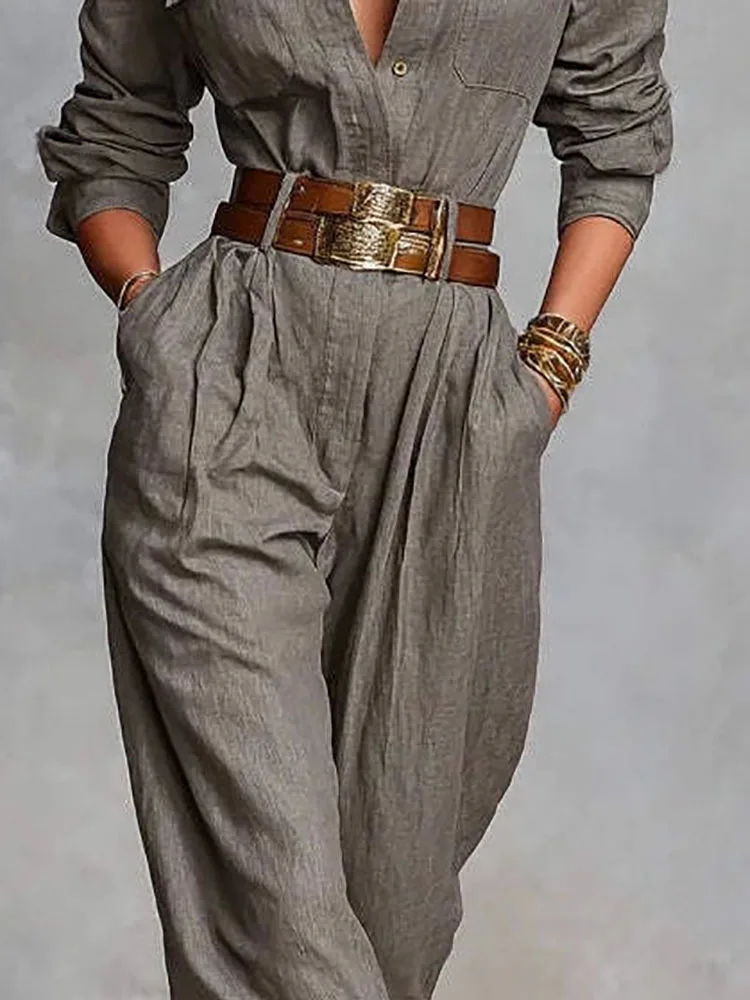 

Повседневная рабочая одежда с длинными рукавами и карманами, осенний винтажный однотонный пригородный комбинезон, женский осенний женский комбинезон с высокой талией