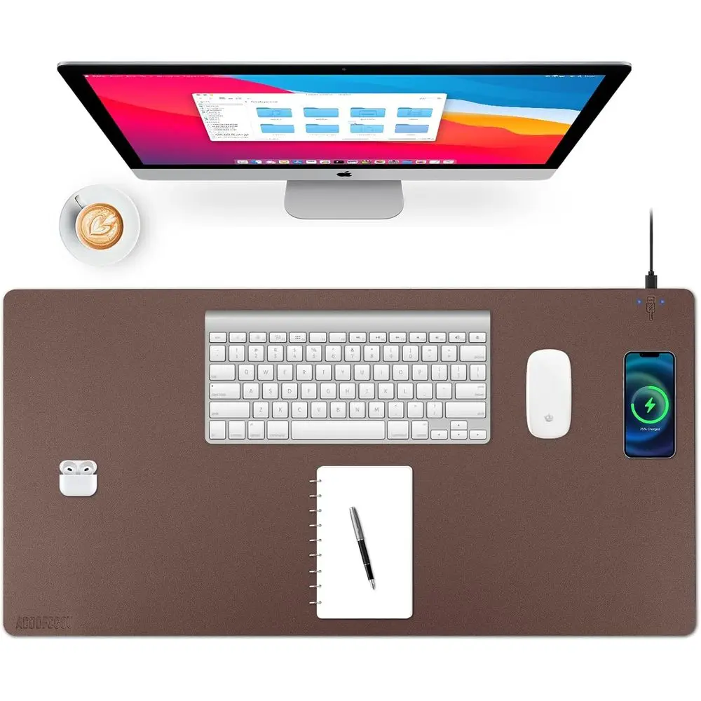 

Large 36x17 Waterproof Leather Wireless Charging Desk Mat with Mouse Pad & Non-Slip Protector for Keyboard and Mouse (Brown)