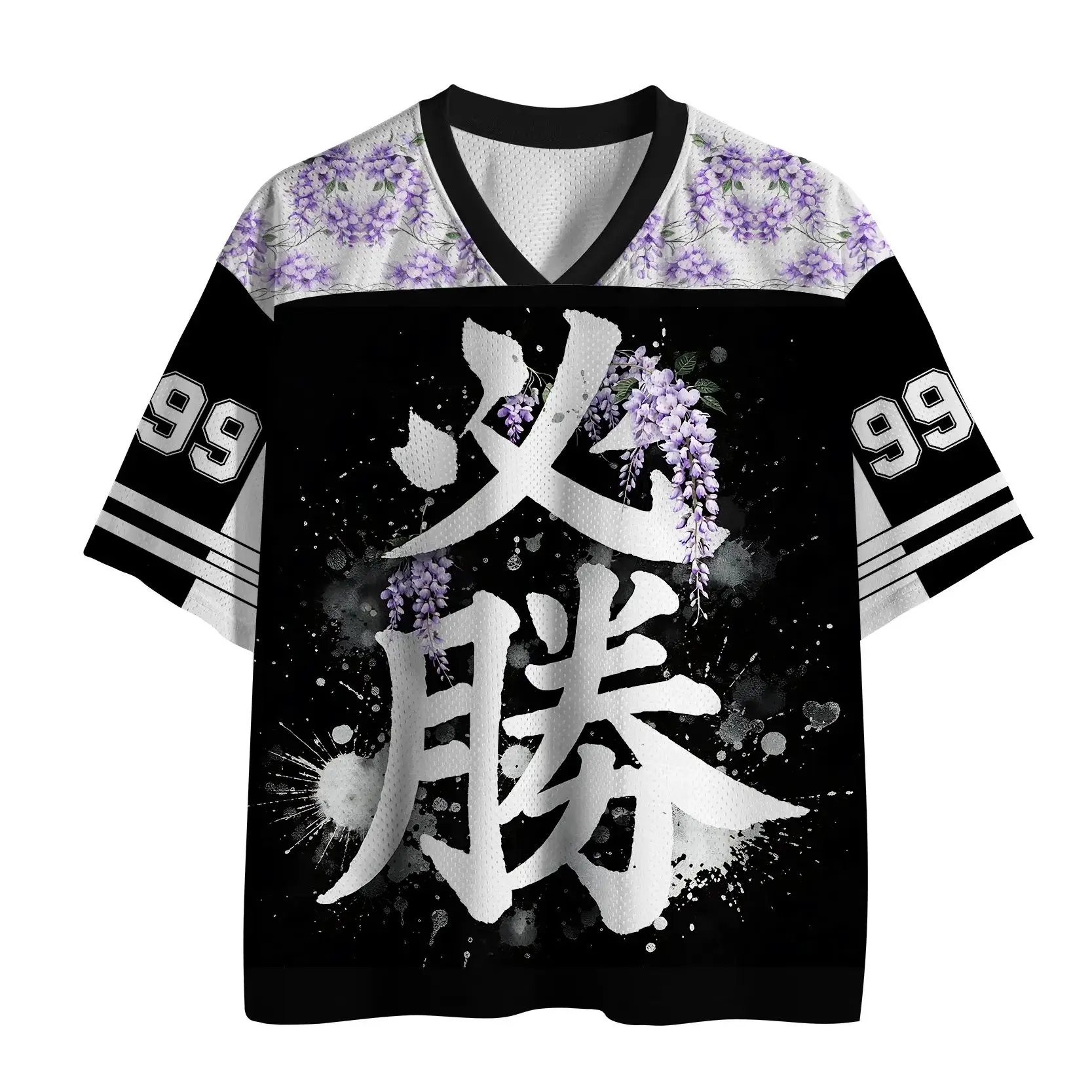 Camiseta de manga corta con cuello en V holgado, estilo Ukiyo-e, con estampado de caligrafía, talla 99, de la marca Victory, modelo Japanese Wisteria Mesh Jersey.