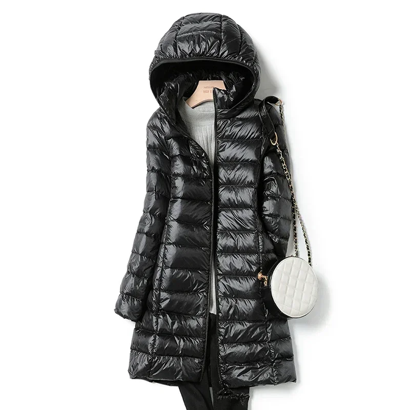 NONE Modische Oberbekleidung Winter Frauen koreanische Mode schlank entfernen Kapuze Parka Daunen jacken lange leichte dünne Mantel Puffer jacke 6