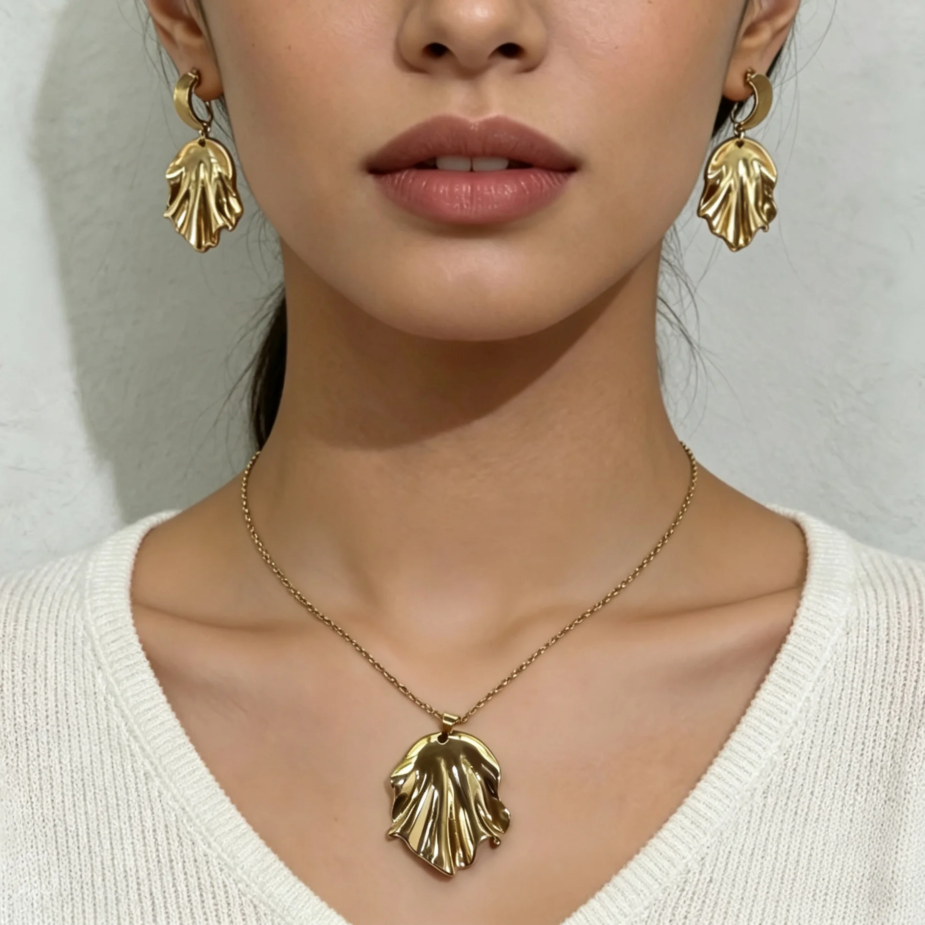 Ins Anti-Fade Stainless Steel Ruffled Shell Set, Minimal Ocean Style Pendant Necklace Drop Earrings Gift For Ladies