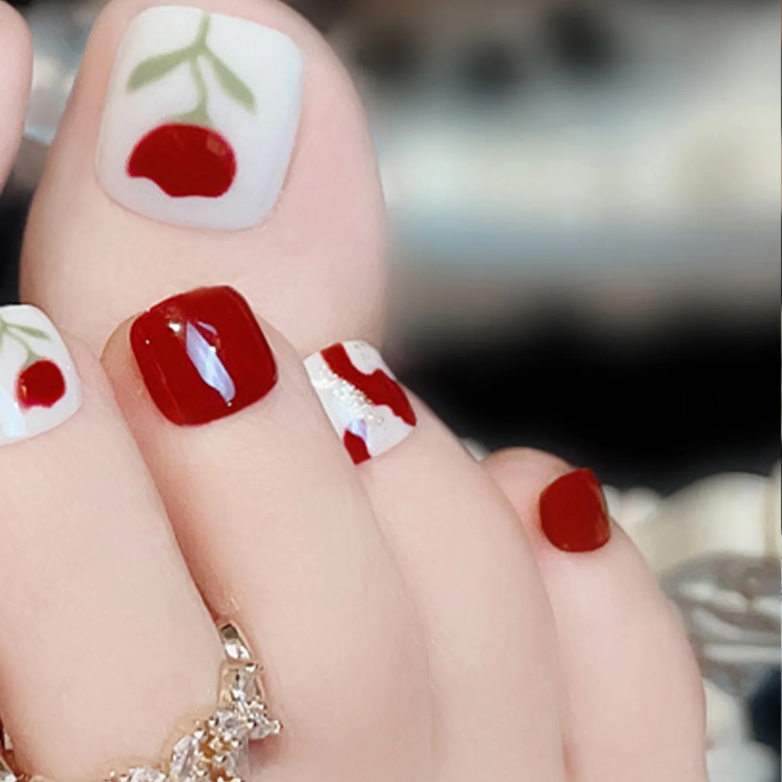 White Spots Wine-Red False Toenails Breathable and Ultrathin Fake Toenails for Professional Salon Daily Use