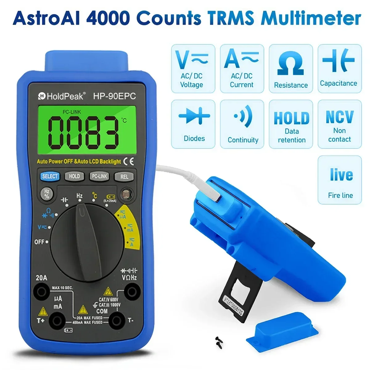 

HoldPeak HP-90EPC Multimetro Digital USB Multimeter AC/DC Voltage Current C/F Temperature Tester DMM USB Interface Support PC