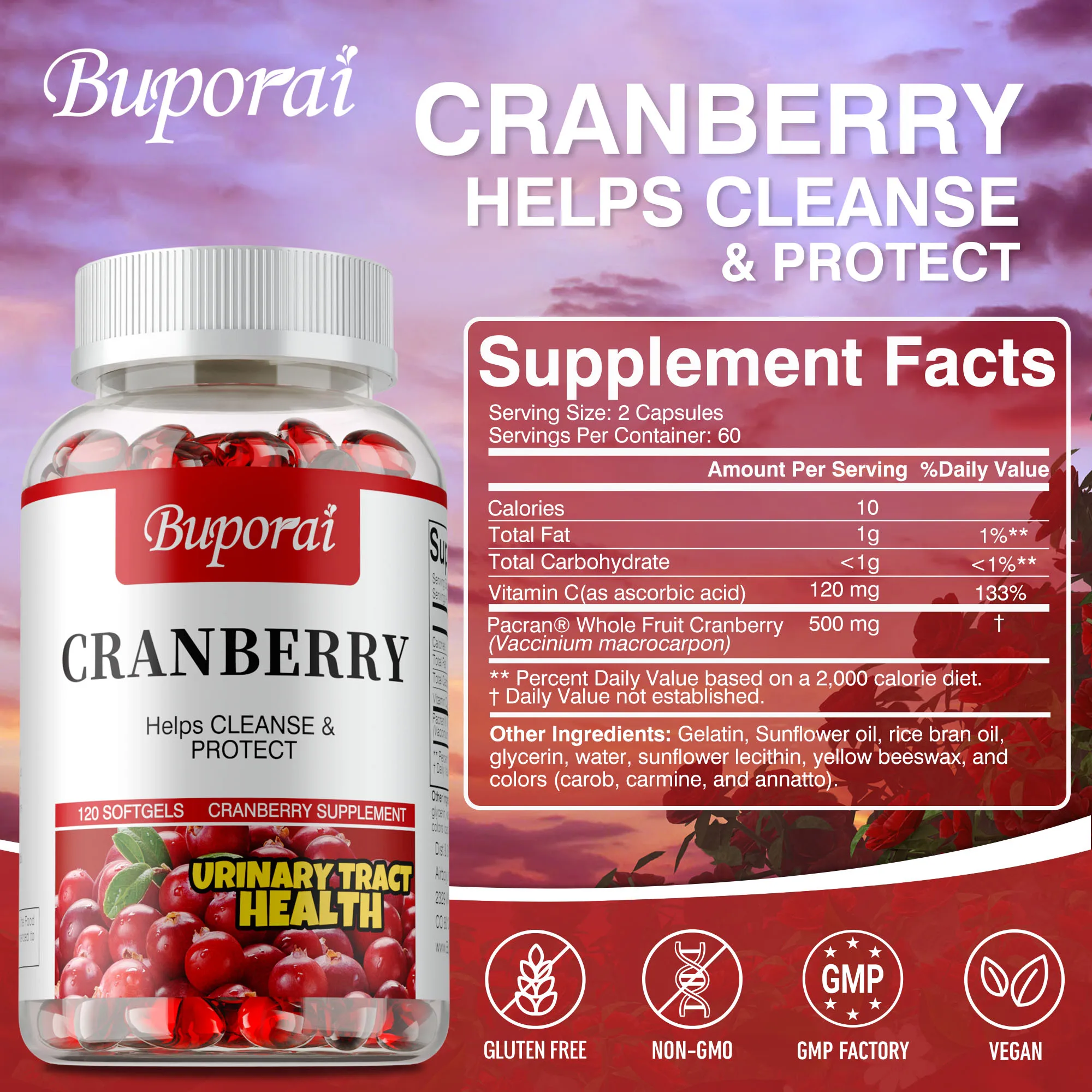 Cranberry Capsules - Regulates Intestinal Flora, Antioxidant, Cleansing, Supports Urinary Tract and Bladder Health, Immunity