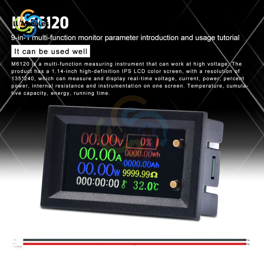 DC6-30V 20A 9 in 1 Multifunction Tester IPS LCD Color Screen Voltmeter Ammeter Time Temperature Capacity Power Electrical Meter