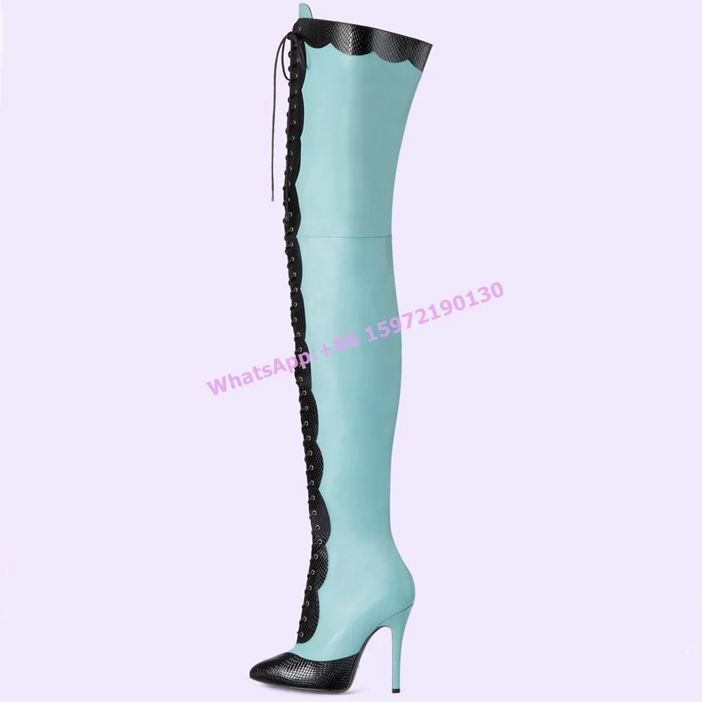 Patchwork Thigh High Boots Pointy Toe Thin Heels Black Snakeskin Cross Tied Lace Up Shoes Winter Pleated Sexy Party Long Boots