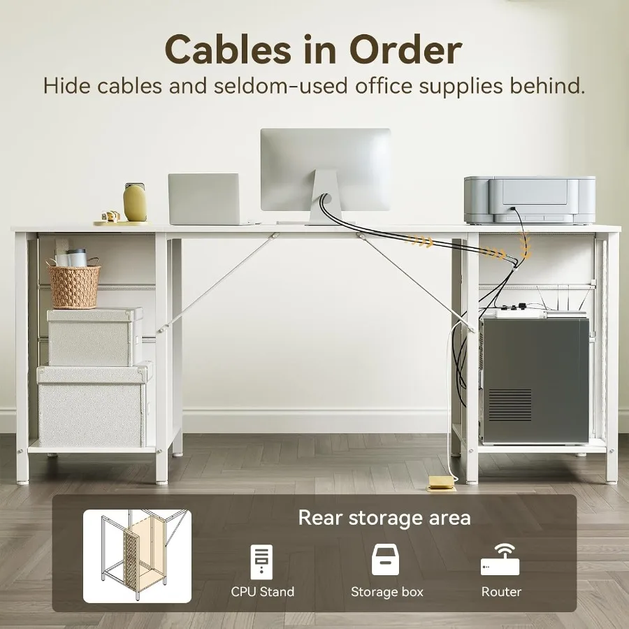 مكتب مكتب حديث مقاس 63 بوصة لمساحات العمل المنزلية مع 6 أدراج قماش وخزائن ملفات ومقصورات تخزين مخفية مدمجة بمنفذ USB