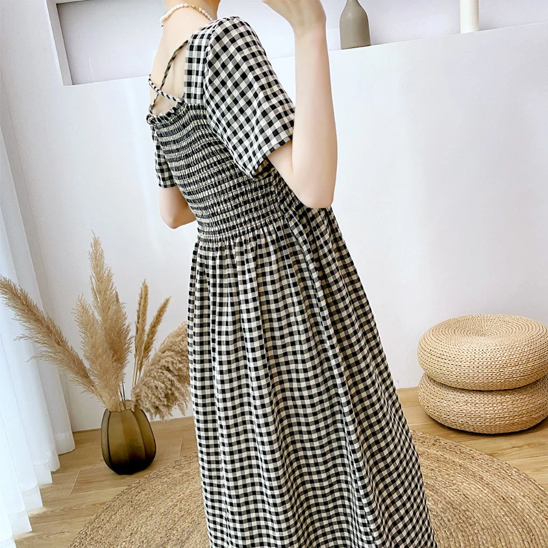 Plaid High Waist Pregnant Woman Dress Short Sleeve O-Neck High Waist Loose Pregnancy A-Line Dress Plus Size Maternity Dresses