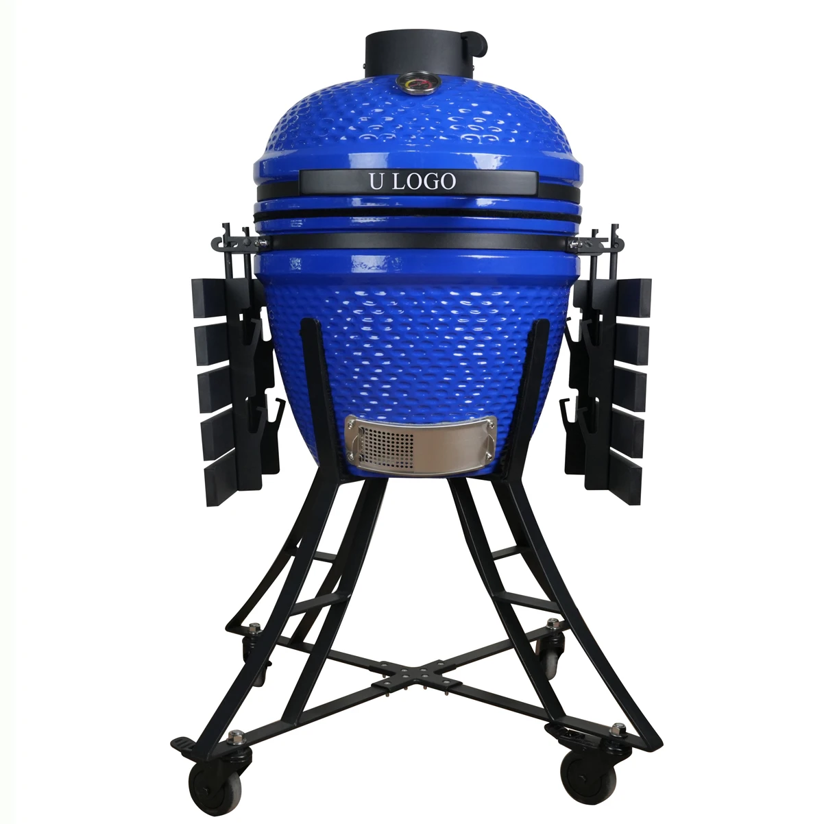 18-Inch Blue Ceramic Iron Kamado Smoker BBQ Grill Trolley Electronic Ignition Luxury Rattan Pattern Modern Outdoor