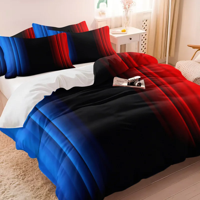 Modern Abstract Red Blue Gradient Stripe Duvet Cover Set Black Line Print Bedding Soft Bedroom Decor Twin Full Queen King