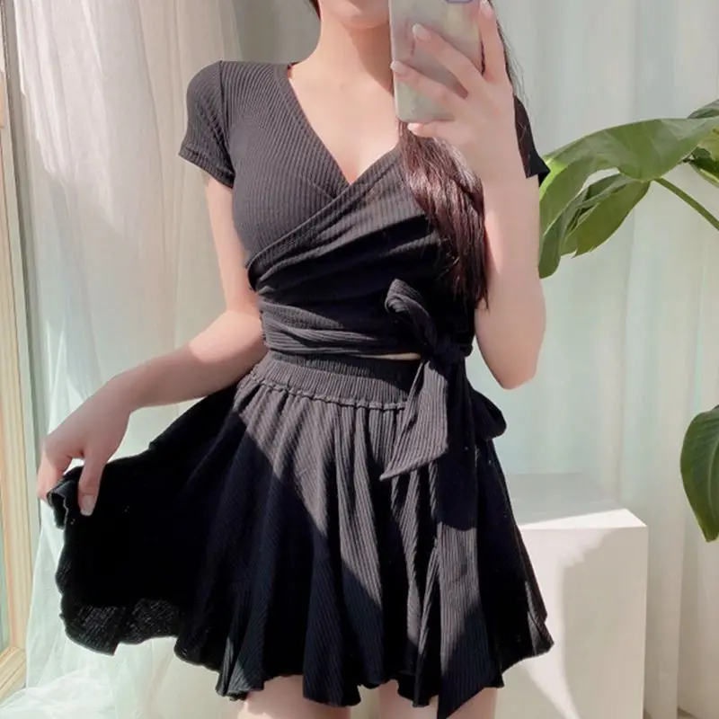 

Wisuwore Two Pieces Swimsuits V Neck Bathing Suit with Skirt Short Sleeve Plus Size Swimwear Clothing High Waist Beachwear 2023