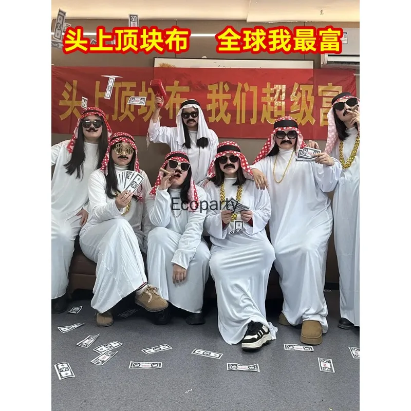 زي الشيخ العربي للرجال ملابس عمامة حمراء عربية مع وشاح للبالغين لحفلة الهالوين بوريم ملابس تنكرية للأمير العربي الراعي