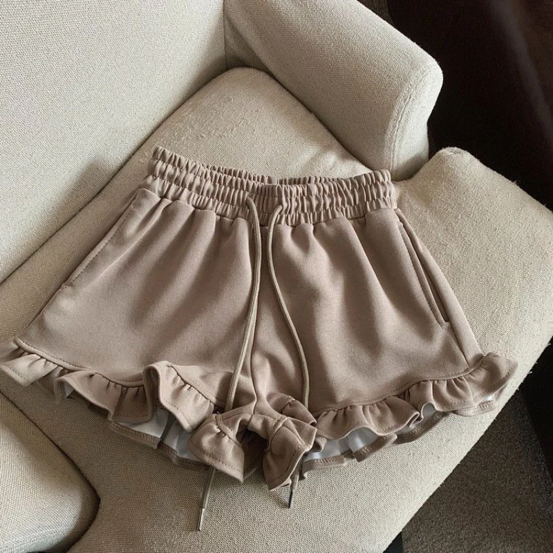 Kids Girls Drawstring Sports Shorts 2026 New Arrival Teenage Casual Ruffle Wide Leg Shorts Coffee Gray High Waist Loose Pants