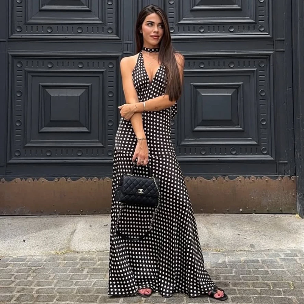 

Talenza Women's Polka Dot Dress Sexy Contrast Ribbon Lace-up Backless Long Dress Elegant Party Vintage Female Evening Dresses