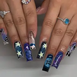 24pcs Y2k Star Graffiti Press On Nails Glossy Blue Spider Web Creative Halloween Fake Nail Detachable Long Coffin False Nails