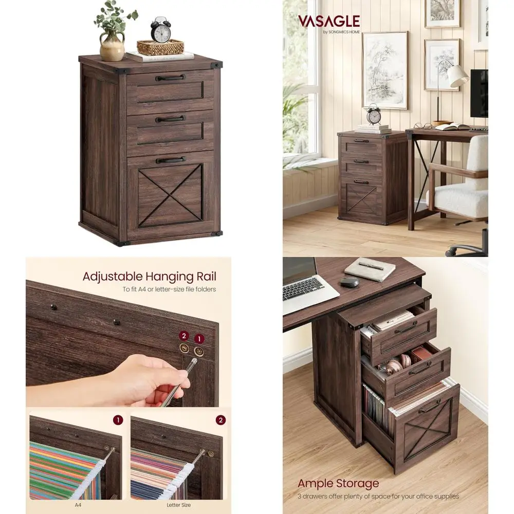 

Современный шкаф для документов в стиле фермерского дома с 3 ящиками для домашнего офиса, цвет темно-коричневый, формат A4/Letter, UOFC054K02