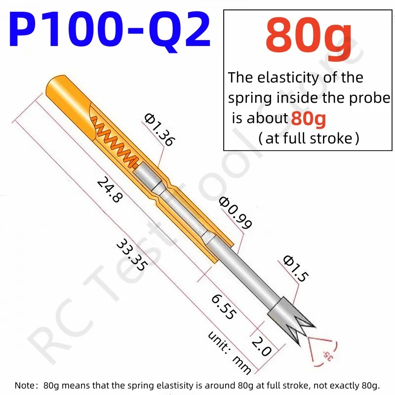 

20/100PCS Spring Test Probe P100-Q2 4-claw Head Test Pin Head Dia 1.5mm 33.35mm Needle Dia 1.36mm Spring Pogo Pin P100-Q 80g