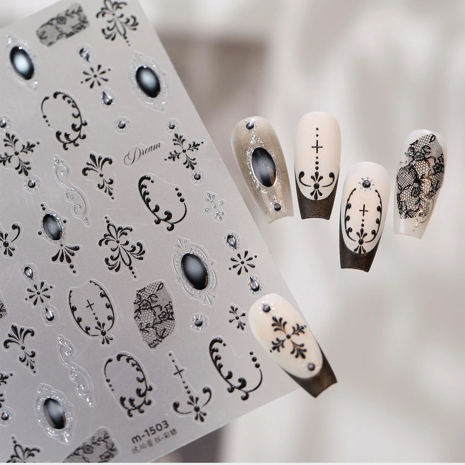 5D Antike Schwarze Spitzen-Nagelaufkleber, Ovale Kunststein-Spitzen-Ausschnitte, Klassische Französische Barocke Selbstklebende Nagelkunst-Sticker
