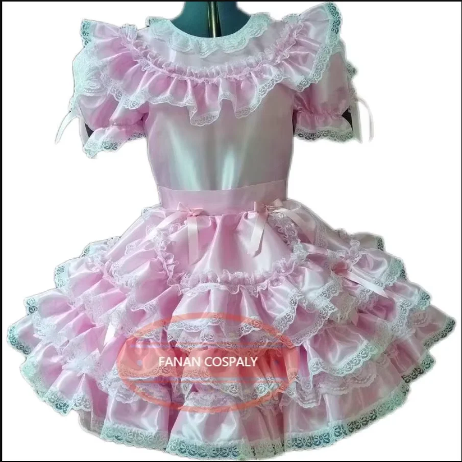 

Fashionable French Adult Giant Baby Sissy Pink Satin Dress Role Play Makeup Prom Maid Dress Custom Lockable