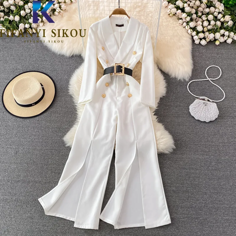 White Jumpsuits Women Spring Autumn High Waist Wide Leg Pants Double Breasted Belt Fashion Romper Ladies Loose Elegant Overalls