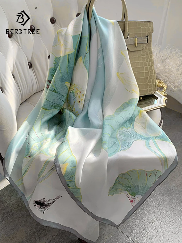 Birdtree-100 % Cachecol Estampado de Seda Real para Mulher, Moda Versátil, Lenço de Luxo Suave, Presente da Mãe, Versátil, A41153QC, Primavera, Outono, 2022