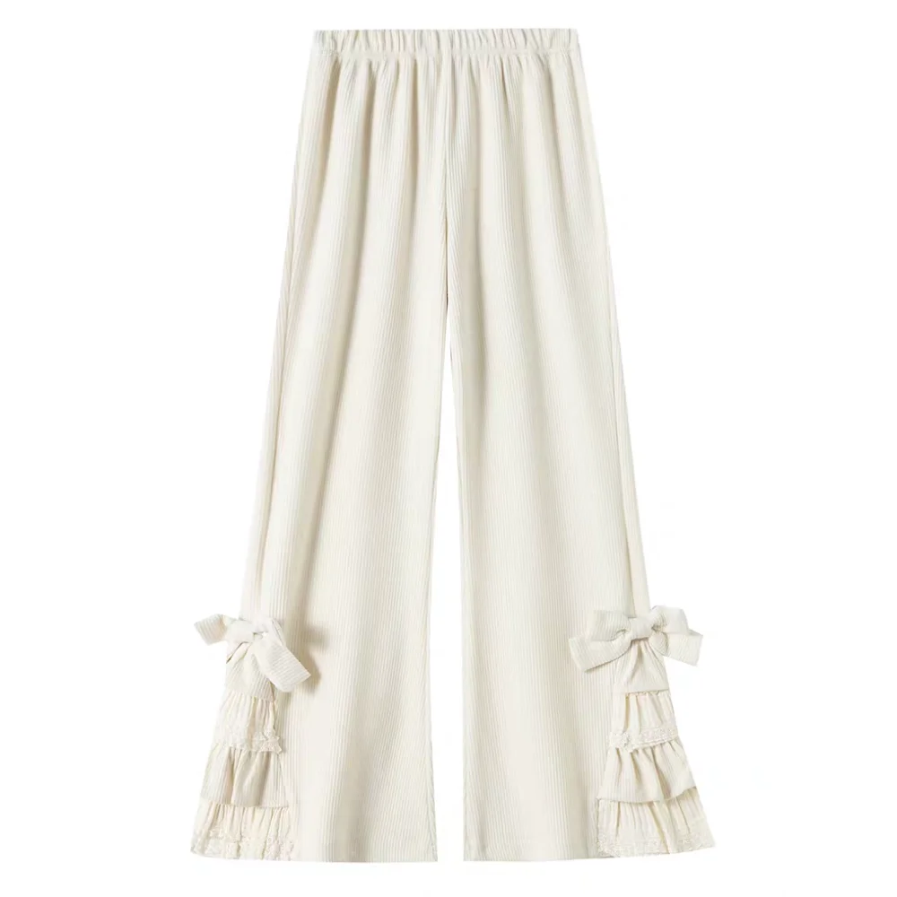 

Свободные вельветовые брюки-клеш для молодых женщин, мешковатые повседневные широкие брюки, милые расклешенные брюки с высокой талией и кружевом с бантом для девочек