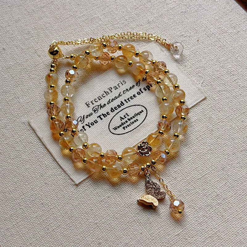 Lucky New Style Natural Citrine Bracelet Hand String For Girls Double Layer Yellow Tower Crystal Butterfly Tassel Niche High-End
