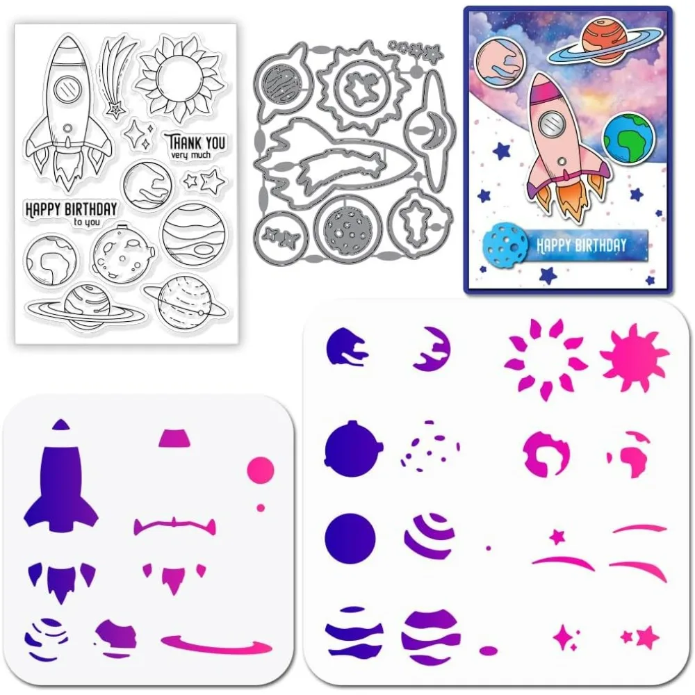 Universe Planets Clear Stamp Metal Rocket Cutting Die Cuts Layering Sun and Meteors PET Paint Craft Stencils