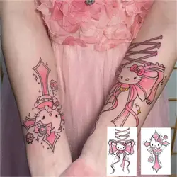 Pink Cute Cartoon Cat Tattoo Stickers Female Arm Bow Waterproof Temporary Fake Tattoo Art Lasting Tatuajes Tatouage Temporaire