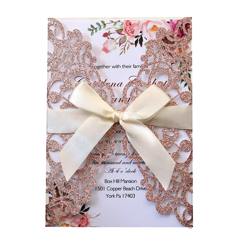 

(100 pieces/lot) Laser Cut Rose Gold Glitter Wedding Invitations With Ribbon Customized Party Decoration Greeting Cards IC123