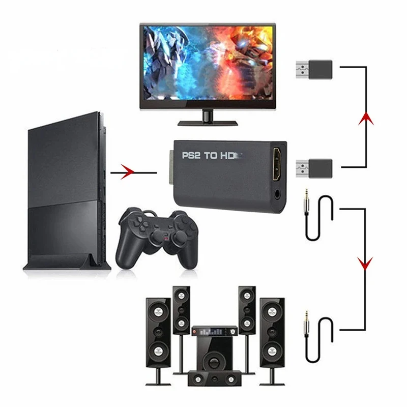 PS2 to HDMI-compatibale Audio Video Converter 480i/480p/576i With 3.5Mm Audio Output Supports All PS2 to HD Display Modes