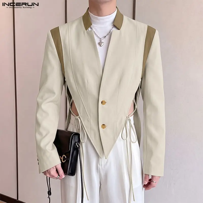 INCERUN Men's Blazer Patchwork Lapel Long Sleeve Lace Up Button Male Suit Streetwear Hollow Out Fashion Casual Irregular Blazer