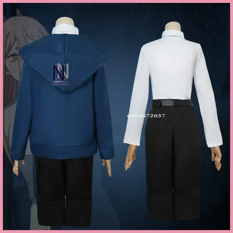 Anime Power Costume Cosplay Motosega Uomo Abiti Abito blu Camicia Cravatta Parrucca corta Anello al collo per donna Set uniformi per feste di Halloween