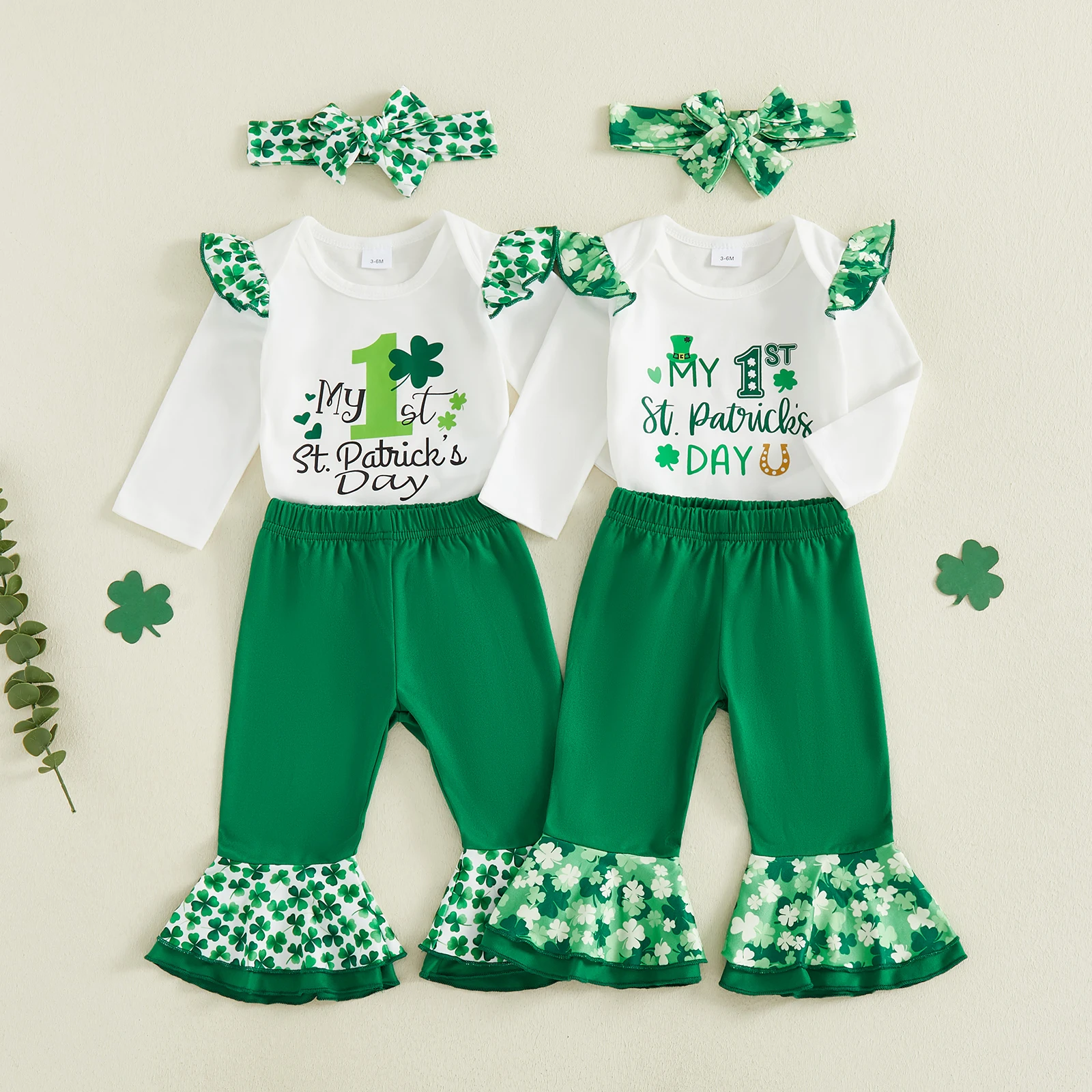 طفل الفتيات ملابس الربيع طويلة الأكمام كشكش رومبير + السراويل مضيئة + مجموعة عصابات رأس الوليد الطفل عيد القديس باتريك زي الملابس #4