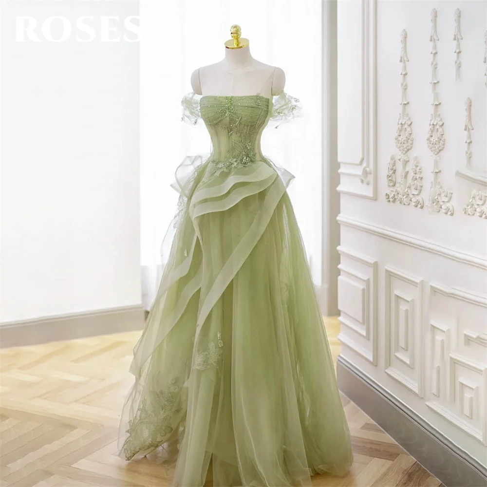 

ROSES Sage Green Prom Dress Appliques Tulle Celebrity Dresses Tiered Pleat Women's Evening Dress Sweetheart Formal Gown 프롬 드레스