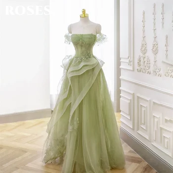 Rose Sage Green Prom Dress Appliques Tulle Celebrity Dresses...