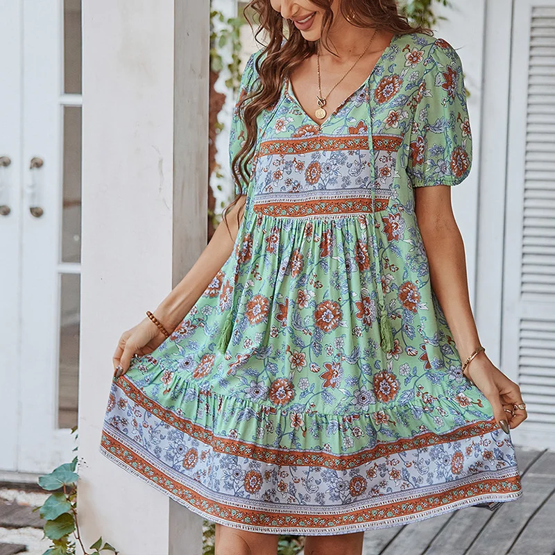 보헤미안 여성 여름 미니 드레스 섹시한 짧은 소매 Boho 비치 Sundress v 넥 캐주얼 루즈 빈티지 레이스 업 드레스 Vestidos