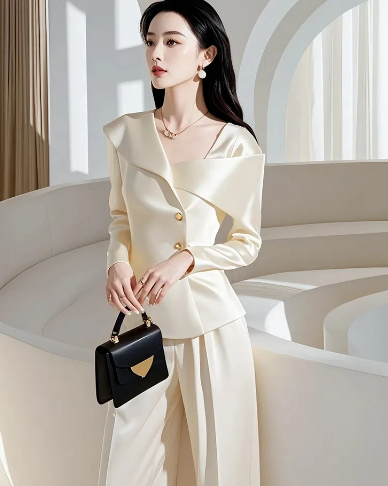 Fashion Women's Suit Spring and Autumn Korean Version White Satin Suit Wide Leg Pants Professional Two-piece Set