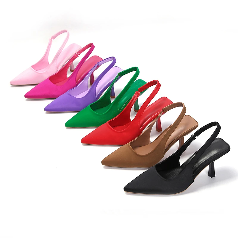 2024 New Fashion Women Summer Shoes Pointed Toe Stiletto Solid Color Medium Heel Woman Back Empty Toe Sandals Ladies Slippers