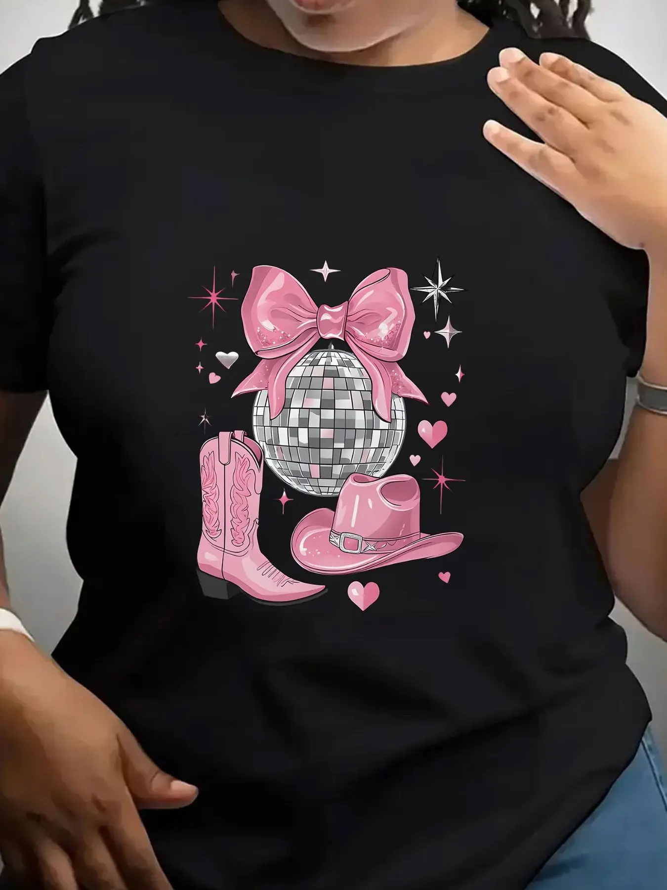 Women's Trendy Crew Neck T-Shirt Pink Disco Ball Cowboy Boots Suitable for Casual Sportswear
