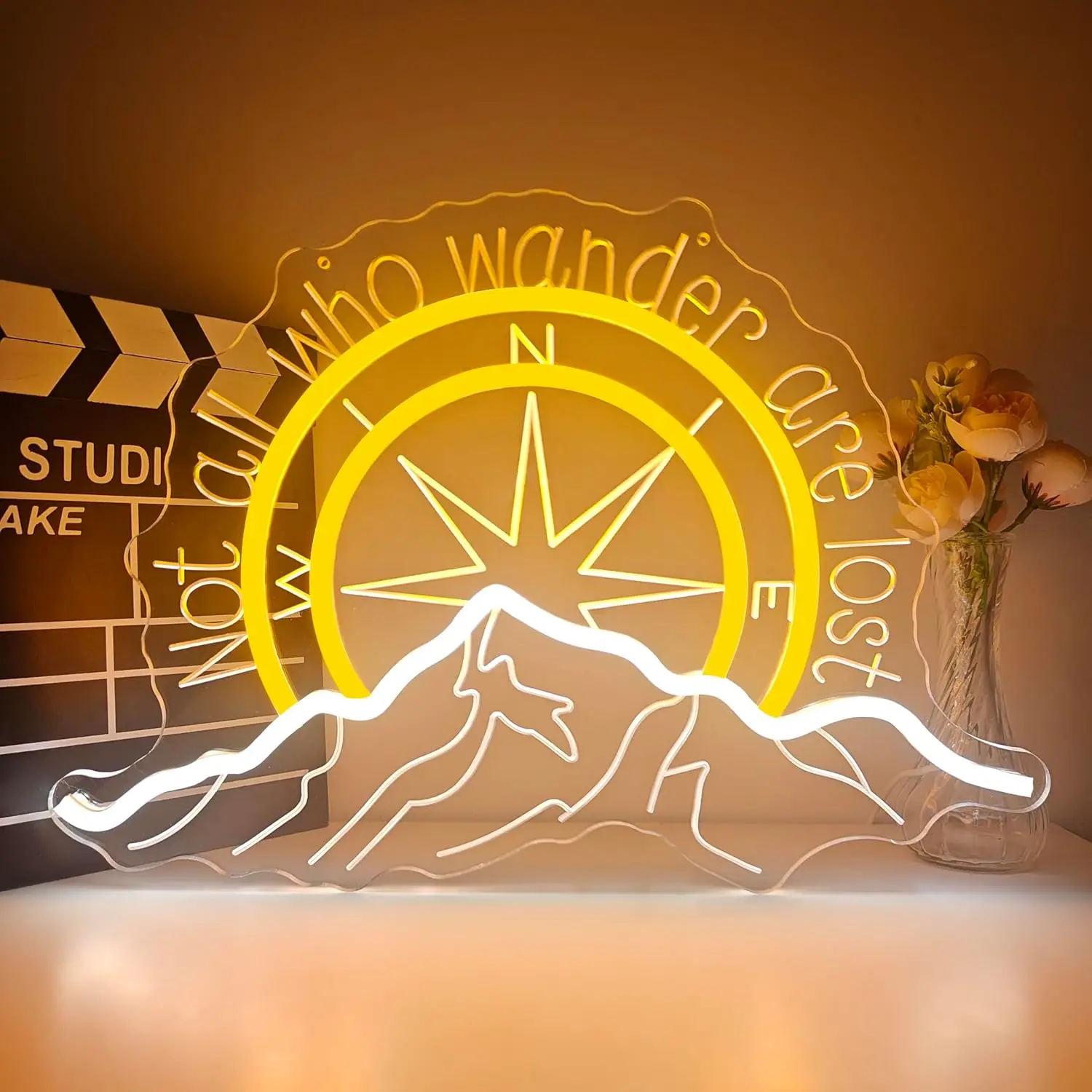 

Not All Who Wander Are Lost Neon Sign Compass Neon Light Mountains for Wanderer Traveler Graduation Wall Decor Birthday Gifts
