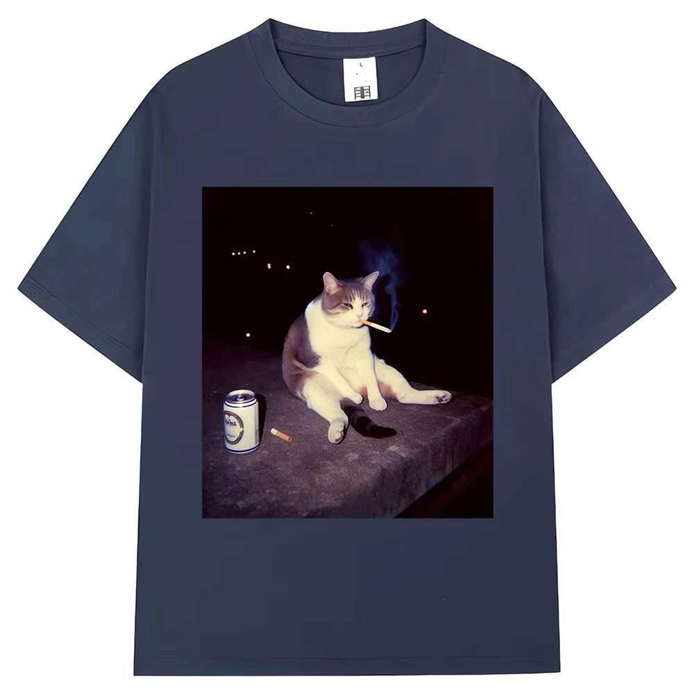 Funny Cat Smoking Meme Graphic T-shirts Men Women Creativity Popular Cat Lover T Shirt Cool Oversized Cotton Vintage Tee Shirts