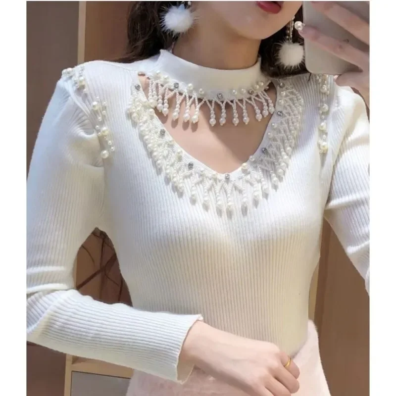 Kimotimo Fashion Beading Knitted Tops Women Autumn Winter Hollow Out Slim Long Sleeve Bottom Pullover Gentle Sweet Y2k Sweater