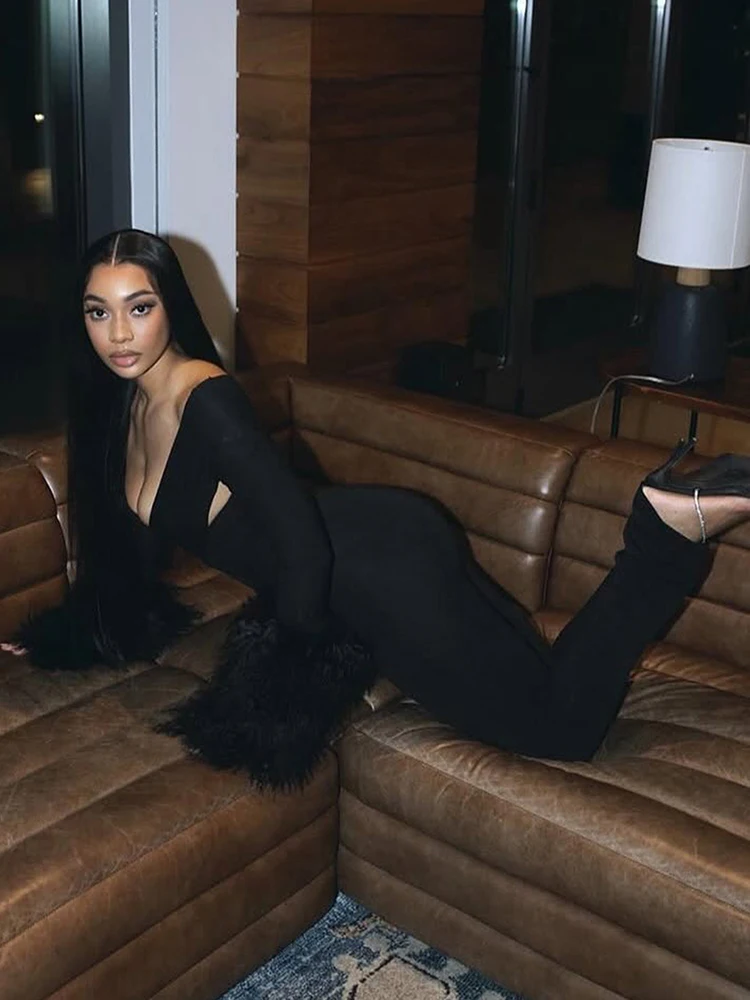 Kombinezon Nibber Furry Patchwork Damski, seksowny, z wycięciami, krzyżowany, z głębokim dekoltem, długie rękawy, dopasowany, podkreślający biodra, na imprezę w klubie nocnym.