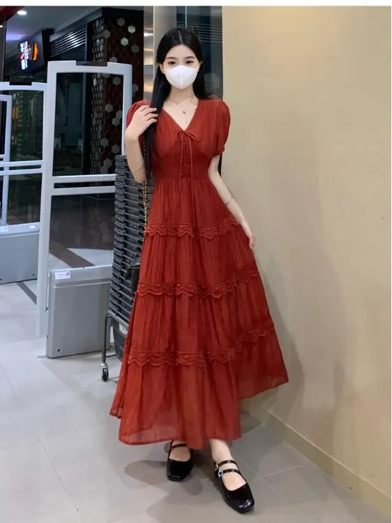 

plus Size Women's Vintage Red V-Neck Bubble Sleeve Dress Lace Trimmed Waist-Cinching Long Summer New Style Korean Commute Wind